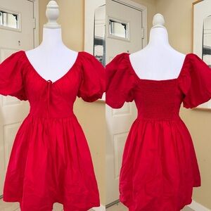 A New Day Red Puff Sleeve Dress 100% Cotton Size XS
